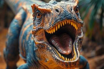 The image showcases a fearsome dinosaur roaring aggressively, with striking colors and details