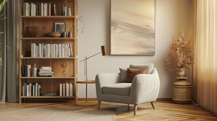 Fototapeta na wymiar Minimalist Grey Armchair in Modern Living Room Interior Close-Up