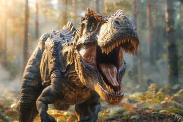 This image captures a dynamic scene of a dinosaur with mouth agape, set in a serene forest at dawn