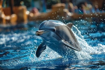 A close-up shot of a dolphin mid-performance showcasing its intelligent gaze and the intricate details of its skin