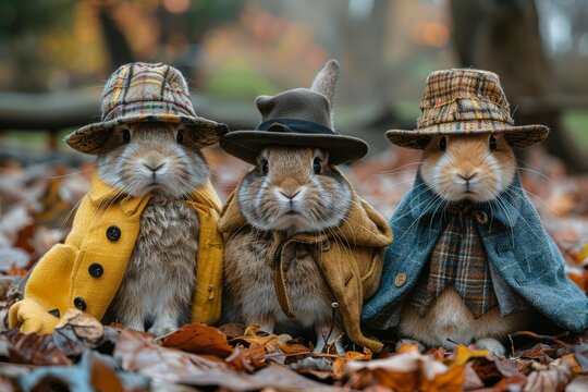 Three adorable rabbits posing in stylish vintage outfits, sitting amidst autumn leaves with a charming old-school vibe