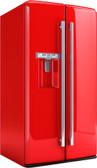 Retro red refrigerator with ice dispenser and chrome handles, cut out transparent