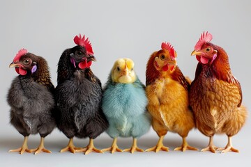 Fototapeta premium Five chickens are aligned to showcase various growth stages, providing an educational perspective