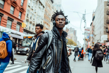 afroamerican teenage boy with wireless headphones listening to music is crossing a street.
