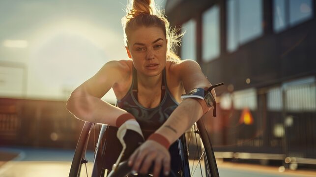 Dedicated Paralympic athlete in a racing wheelchair training with focus and determination at an indoor sports arena - AI generated