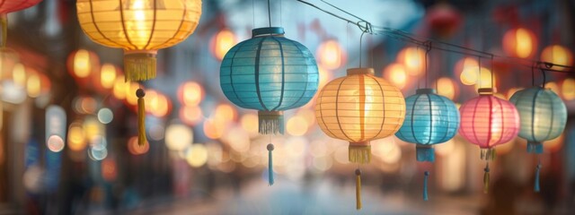 Colorful hanging lantern traditional Asian decor on blurred street. Chinese lantern festival. New Year abstract greeting background with copy space. Design for poster, card, banner