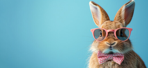 cute funny bunny in pink rimmed glasses and bow tie on neck, on nice light blue background, easter fashion bunny, widescreen banner image with free space