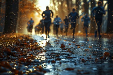 A group of runners is captured from a low angle, emphasizing the movement and the autumnal setting sun on the wet path