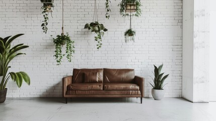 Airy Modern Living Room Design with White Brick Wall and Leather Sofa