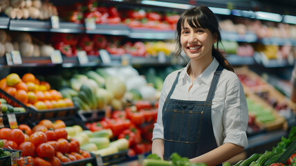 Smiling female worker, vegetable section in supermarket.