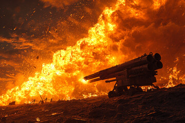 Artillery Fire Explosion on Battlefield at Night.