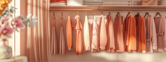 Clothes hang on a shelf in a designer clothes store. Rack with classic women's fashion clothes. Clothing retails concept. Advertise, sale, fashion. Peach fuzz - color of the year 2025