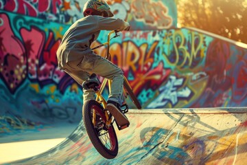 Urban boy having fun riding BMX bike at skate park. Freedom and youthfulness mood. Children and youth sport.