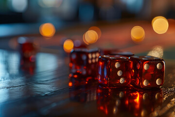 Red Dice on Reflective Surface with Bokeh Lights.