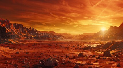planet mars in a desert sunset
