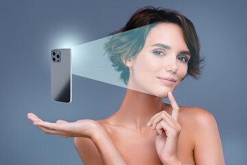 Creative 3d futuristic collage of lady using gadget beauty app for scanning skin access with face id