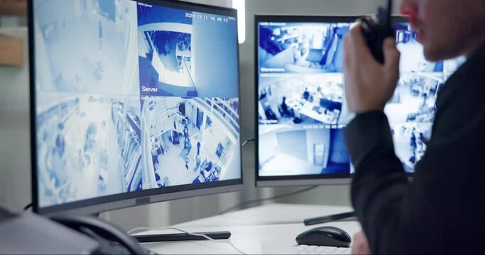 Screen, walkie talkie or talking with cctv monitor for protection, security service or building safety. Man, video surveillance agency or guard in control room with camera footage for crime at night