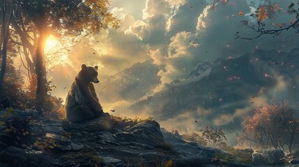 Contemplative Bear at Sunrise: A Majestic Wildlife Scene