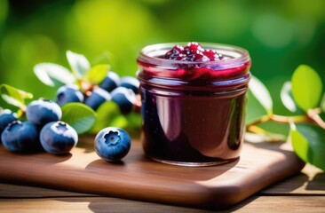 glass jar with blueberry jam, ripe blueberry berries, blueberry bushes on the background, orchard, sunny day