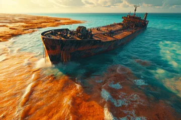Foto op Canvas Rusty Shipwreck on Golden Shores at Sunset. © Fukume