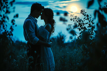 Romantic Couple Silhouette Against Moonlight.