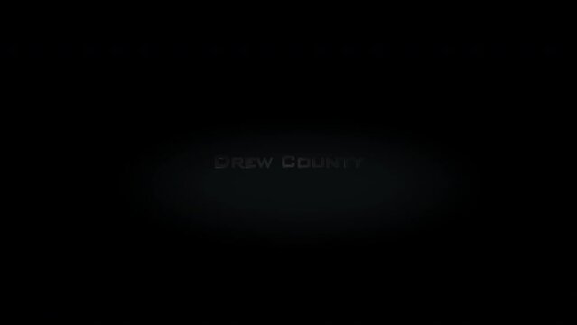 Drew County 3D title metal text on black alpha channel background