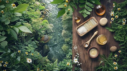 Skincare ingredients include wax, shea butter, cocoa butter, sea buckthorn oil, and fractionated coconut oil. on natural wood surface Surrounded by small wildflowers and green leaves and a stream. - obrazy, fototapety, plakaty