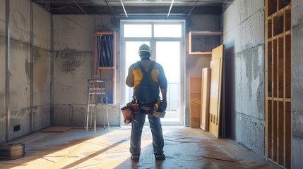 Skilled craftsman contemplating the progress of a bright, sunlit room under renovation, equipped with tools and materials for home improvement - AI generated - obrazy, fototapety, plakaty