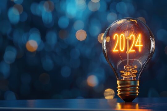 A glowing light bulb on a dark blue glow background with 2024