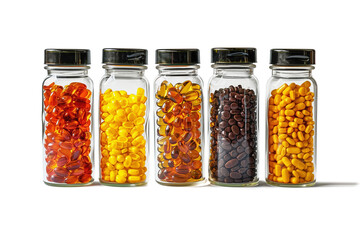 Set of tablets in glass bottles - capsules isolated on free PNG background. Pharmacy bottle pill medicine, drug concept.