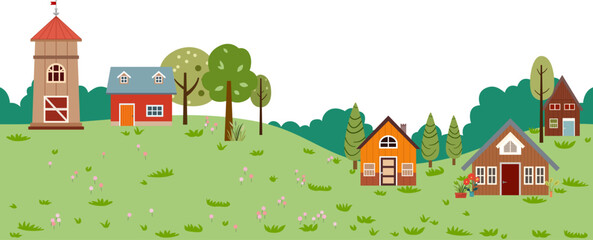 Banner seamless landscape copy space with barn farm, house, meadow and trees flat design style collection - 764174550