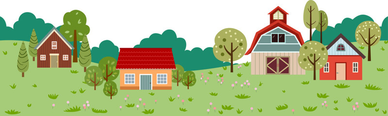 Spring landscape barn farm, house, meadow and trees flat design style collection. countryside panoramic copy space for banner background seamless - 764174551
