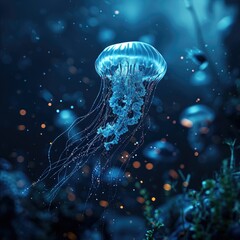 Illustrative background featuring a jellyfish swimming in the ocean, with light filtering through the water to create volumetric rays. AI Integration. - obrazy, fototapety, plakaty