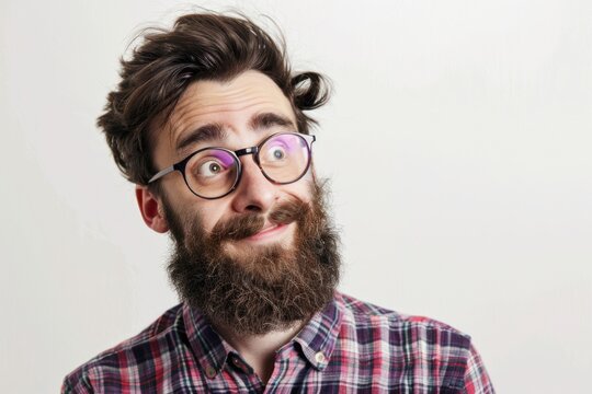 Happy bearded hipster Astonished guy with spectacles gazes forward solid white background