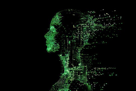 Human silhouette made from binary codes in green color on solid black background