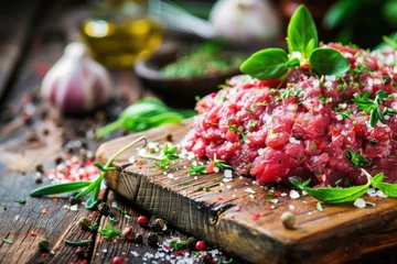 Fotobehang Raw ground beef ready to be cooked on a wooden board with herbs © Igor