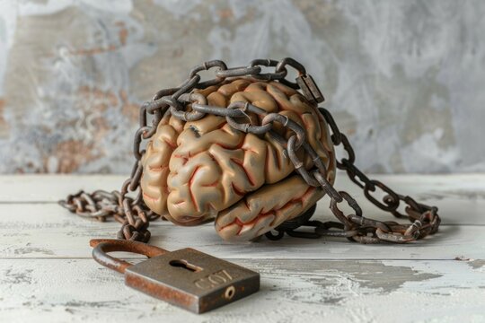 Human brain in chains on a padlock