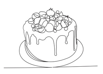 one continuous drawn cake line, a pie drawn from the hand a picture of the silhouette. Line art. cake with glaze and fruit