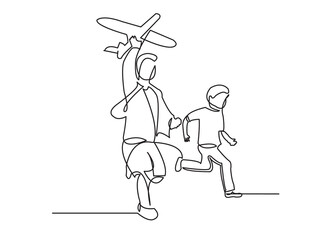 one continuous drawn line of a boy with an airplane drawn from the hand picture silhouette. Line art. character boy playing with airplane