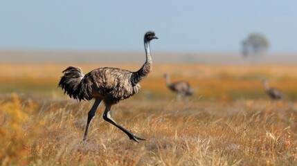 An ostrich confidently strides through a field of tall grass in an open plain. - obrazy, fototapety, plakaty