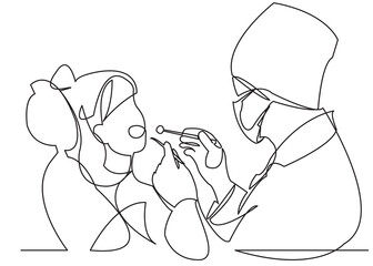 one continuous drawn line of the man of the scraping teeth drawn from the hand picture. Line art. character male dentist treats teeth to patient