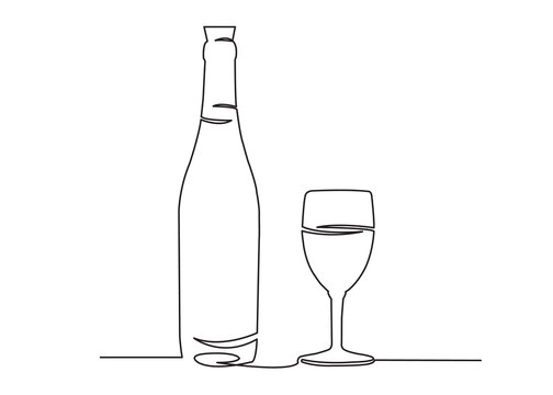 one continuous drawn line of the bottle and a glass drawn from the hand a picture of the silhouette. Line art. a bottle of champagne wine a glass with a foul