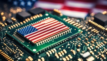 Flag of USA on a processor, CPU Central processing Unit or GPU microchip on a motherboard. 