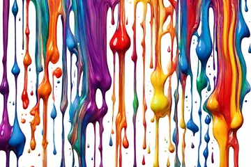 Fotobehang Colorful acrylic paint line wise dripping with liquid drops on White Background. © Numan Khan