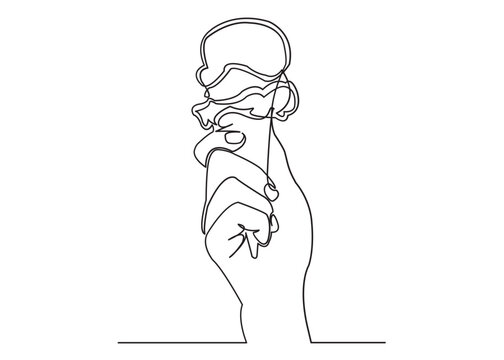 one continuous drawn line of ice cream horn drawn by hand picture silhouette. line art. ice cream cone in hand