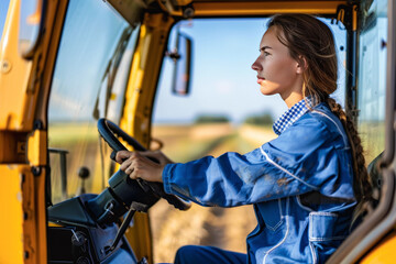 Mujer joven conduciendo un tractor amarillo trabajando en un campo labrado, sobre fondo de tierras...
