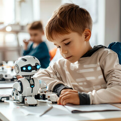Fototapeta na wymiar Child in school, studying robot technology, technology concepts, Generative AI