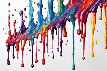 Colorful acrylic paint line wise dripping with liquid drops on White Background. - obrazy, fototapety, plakaty