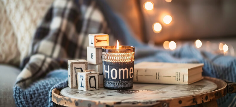 Sal&oacute;n con mesa de madera conteniendo una vela azul decorada con la inscripci&oacute;n home, libro y juegos de mesa, sobre fondo de sof&aacute; con mantas y desenfoque bokeh