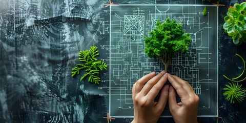 Designing ecofriendly blueprint with innovative features to prioritize environmental conservation. Concept Eco-friendly Architecture, Green Building Design, Sustainable Features